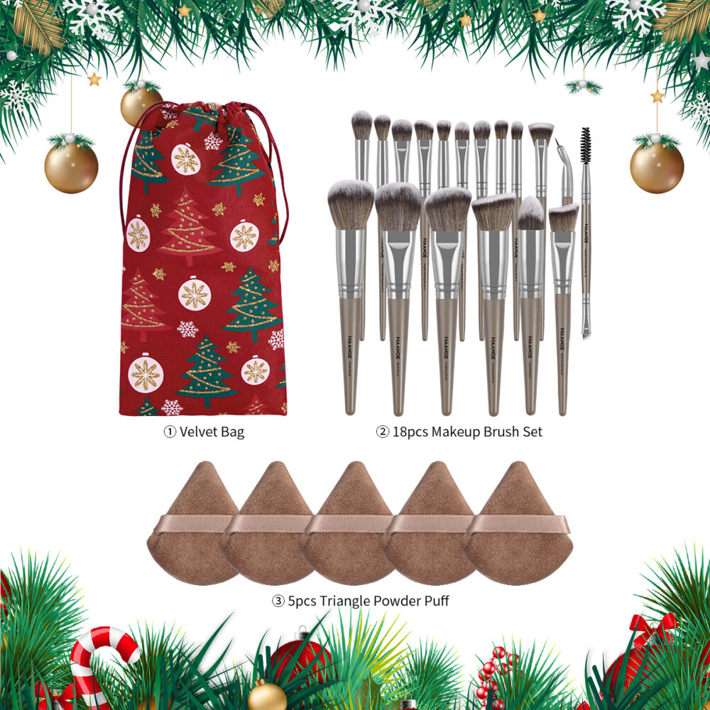 18 pcs makeup brush set and 5 powder puffs with Christmas themed velvet bag - Image 7