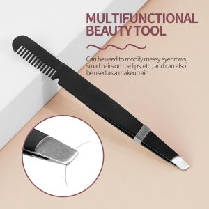 MAANGE Makeup Tools Double Ended Slant Tweezers Professional Stainless Steel Eyebrow Tweezer Black Eyelash Tweezers with Comb - 图片 3