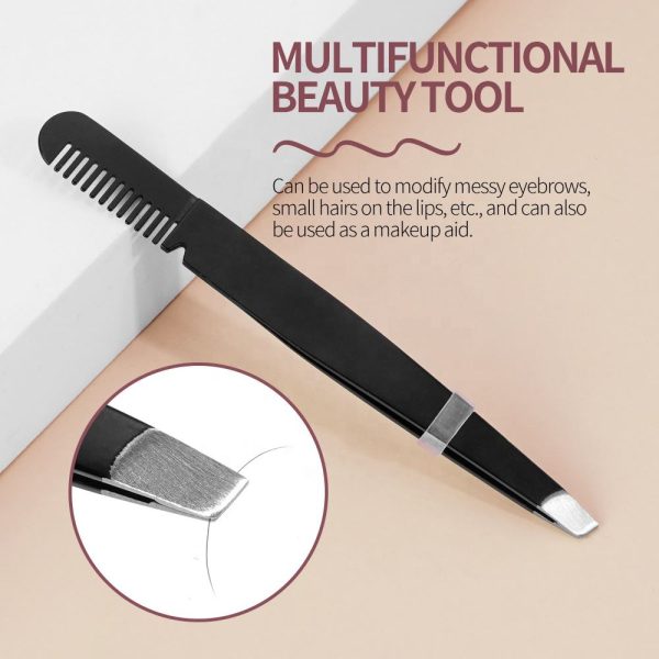 MAANGE Makeup Tools Double Ended Slant Tweezers Professional Stainless Steel Eyebrow Tweezer Black Eyelash Tweezers with Comb