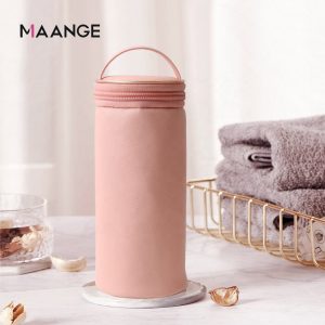 MAANGE Stand up Makeup Organizer Zipper Waterproof Pink Black Cylindrical PU Leather Cosmetic Bag with Handle - 图片 5