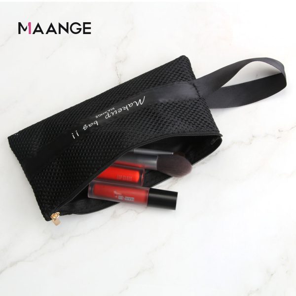 MAANGE Wholesale Custom Portable Makeup Organizer Bags Travel Black Nylon Mesh Zipper Cosmetic Bag