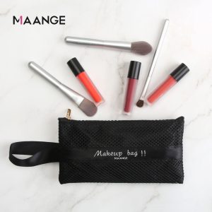 MAANGE Wholesale Custom Portable Makeup Organizer Bags Travel Black Nylon Mesh Zipper Cosmetic Bag