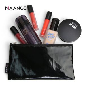 MAANGE Black Silver Pink Wholesale Custom Logo Cosmetic Makeup Organizer Bags Waterproof PU Leather Zipper Small Cosmetic Bag