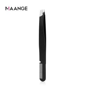 MAANGE Makeup Tools Double Ended Slant Tweezers Professional Stainless Steel Eyebrow Tweezer Black Eyelash Tweezers with Comb