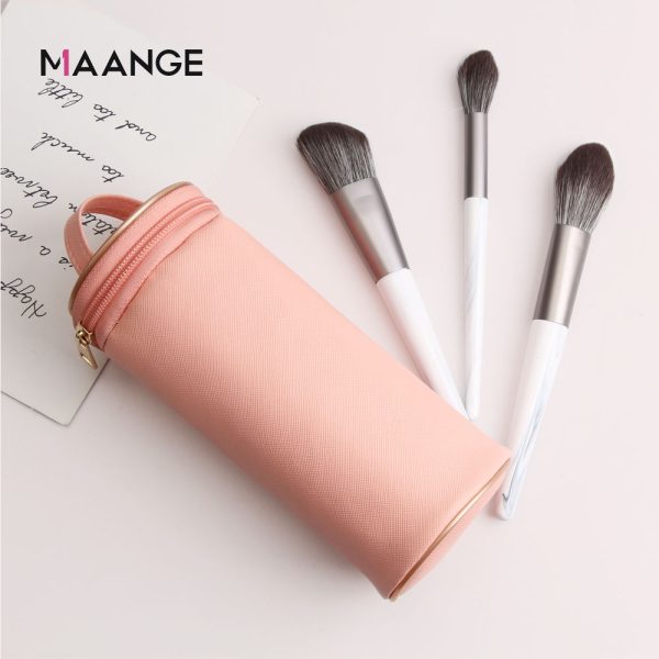 MAANGE Stand up Makeup Organizer Zipper Waterproof Pink Black Cylindrical PU Leather Cosmetic Bag with Handle