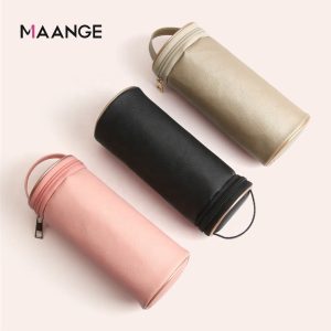 MAANGE Stand up Makeup Organizer Zipper Waterproof Pink Black Cylindrical PU Leather Cosmetic Bag with Handle - 图片 2