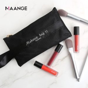 MAANGE Wholesale Custom Portable Makeup Organizer Bags Travel Black Nylon Mesh Zipper Cosmetic Bag - 图片 2