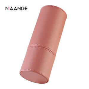 MAANGE Waterproof Cylindrical Makeup Organizer Storage Box Red Grey PU Leather Cosmetic Bag Zipper Closure Stylish Fashion Style