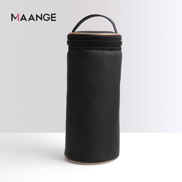 MAANGE Stand up Makeup Organizer Zipper Waterproof Pink Black Cylindrical PU Leather Cosmetic Bag with Handle