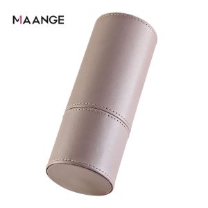 MAANGE Waterproof Cylindrical Makeup Organizer Storage Box Red Grey PU Leather Cosmetic Bag Zipper Closure Stylish Fashion Style - 图片 2
