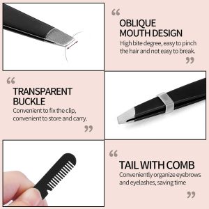 MAANGE Makeup Tools Double Ended Slant Tweezers Professional Stainless Steel Eyebrow Tweezer Black Eyelash Tweezers with Comb - 图片 2