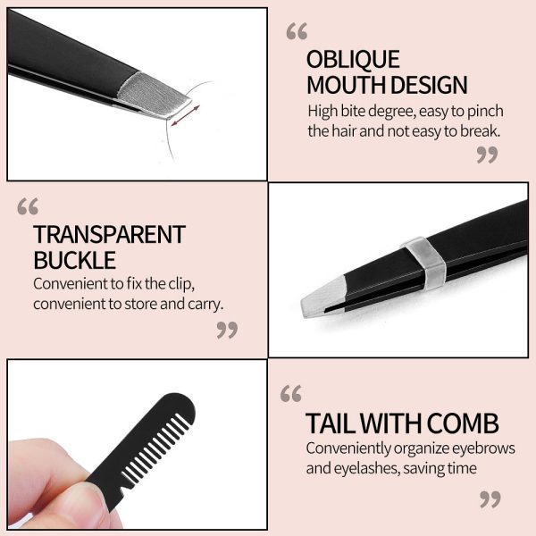 MAANGE Makeup Tools Double Ended Slant Tweezers Professional Stainless Steel Eyebrow Tweezer Black Eyelash Tweezers with Comb