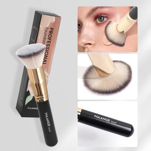 MAANGE High Quality Private Label Black and Gold Long Wood Handle Kabuki Makeup Single Liquid Flat Foundation Brush With Package Makeup Brush - 图片 4