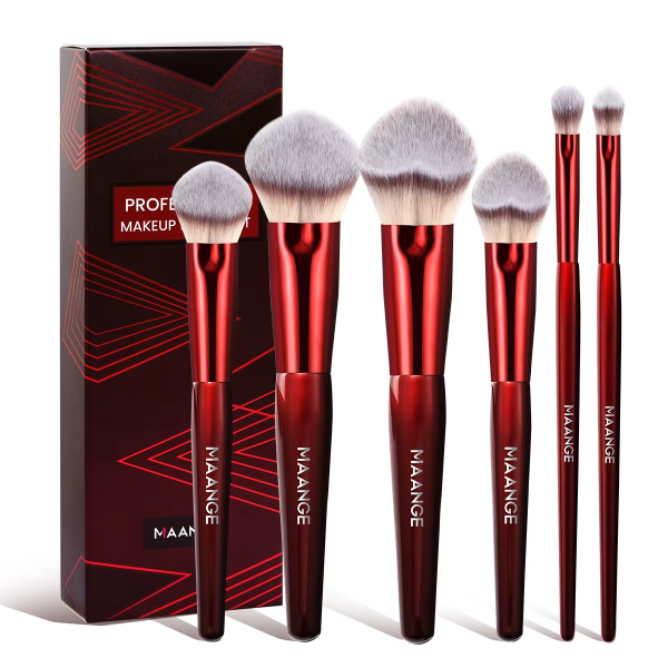 MAANGE 6-Piece Custom Logo Private Label Makeup Brush Set Bright Red Cosmetic Brushes Luxury Appeal Facial Brush Set