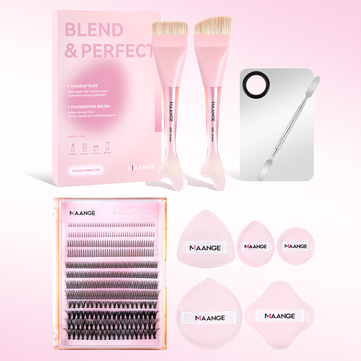 MAANGE Wholesale Facial Makeup Tools 2PCS Makeup Brush 5PC Powder Puff Foundation Palette False Eyelashes Makeup Brush Set - 图片 2