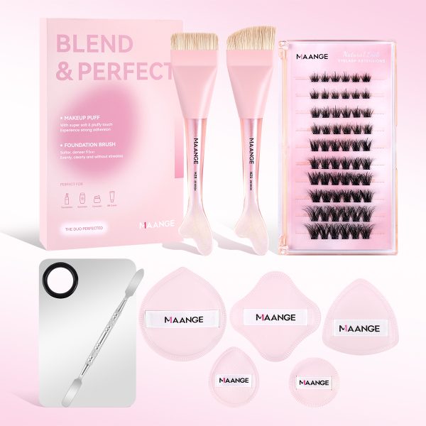 MAANGE Wholesale Private Label Luxury Facial Makeup Tools 2PCS  Makeup Brush 5PCS Powder Puff  False Eyelashes Makeup Brush Set