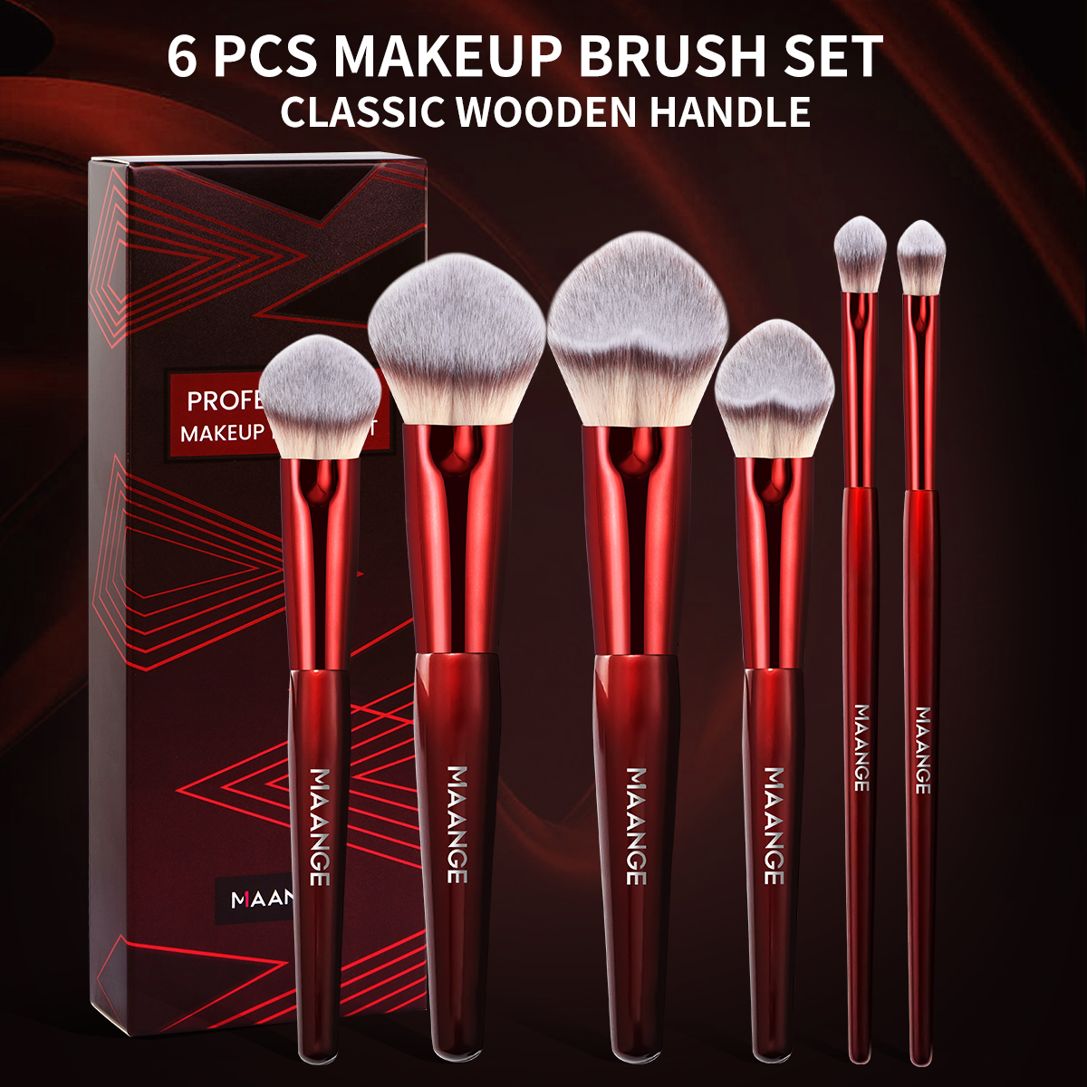 MAANGE 6-Piece Custom Logo Private Label Makeup Brush Set Bright Red Cosmetic Brushes Luxury Appeal Facial Brush Set - 图片 2