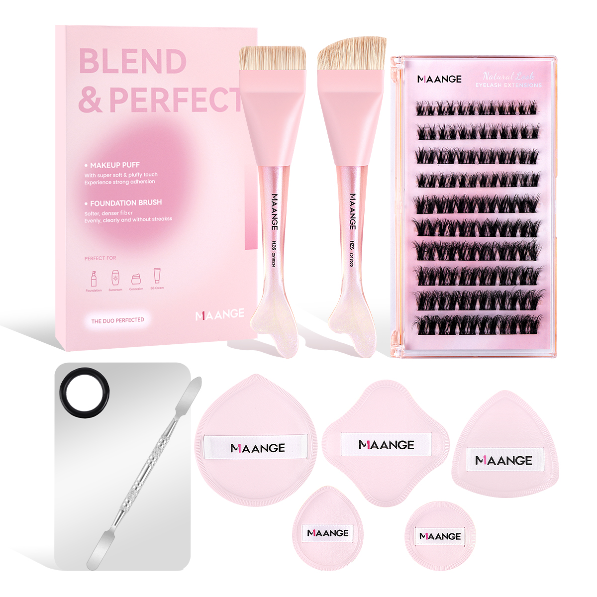 MAANGE Private Label OEM Luxury Facial Makeup Tools 2PCS Massage Makeup Brush 5PCS Powder Puff  False Eyelashes Makeup Brushes - 图片 1