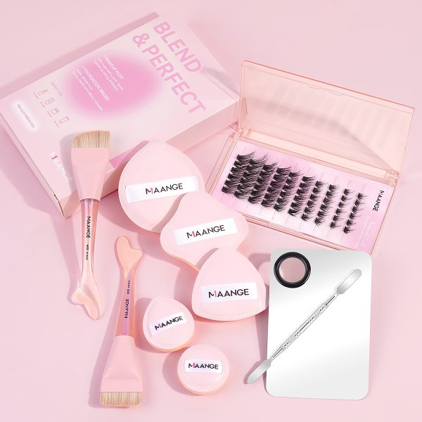 MAANGE Wholesale Private Label Luxury Facial Makeup Tools 2PCS Makeup Brush 5PCS Powder Puff False Eyelashes Makeup Brush Set