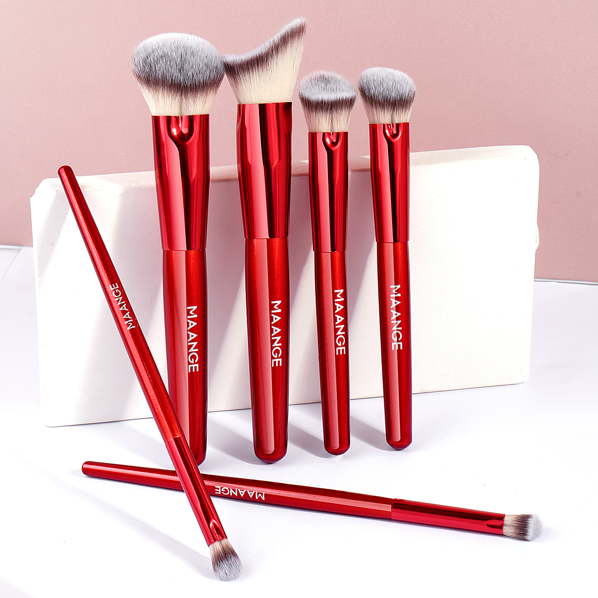 MAANGE 6-Piece Custom Logo Private Label Makeup Brush Set Bright Red Cosmetic Brushes Luxury Appeal Facial Brush Set - 图片 5