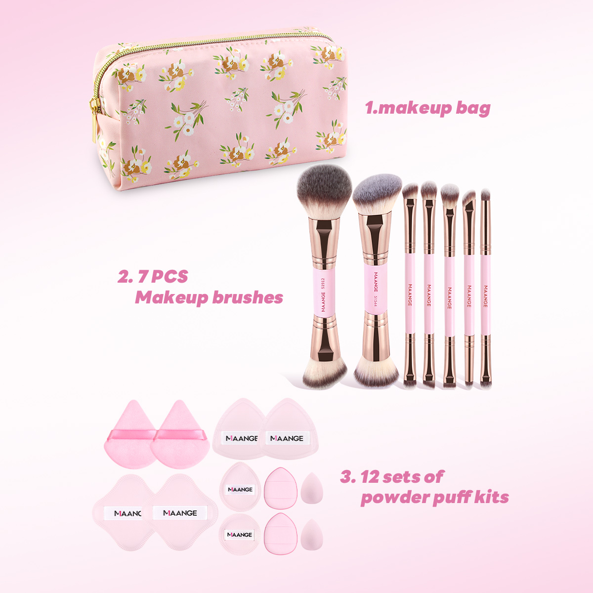 Professional 7pcs Double-headed Makeup Brush Set 12 Powder Puff Makeup Bag Facial Makeup Brush Set - 图片 8