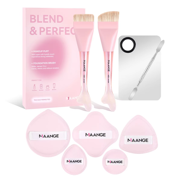 MAANGE Luxury Pink 2pcs Brush Liquid/BB Cream 5 Powder Puff Mermaid Handle Facial Massage Makeup Brush Set