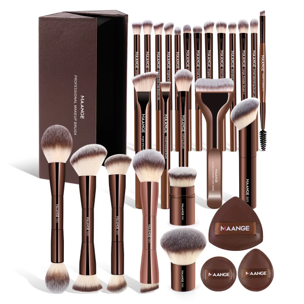 Maange Custom Professional New Arrival Soft Nylon Hair Makeup Brush Set 24pcs Makeup Brushes 3 Powder Puff Facial Tool Brush