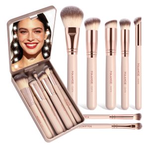 MAANGE Professional 7pcs Makeup Brush Set LED Mirror Storage Box Eyeshadow Foundation Blush Loose Powder Facial Makeup Brush Set