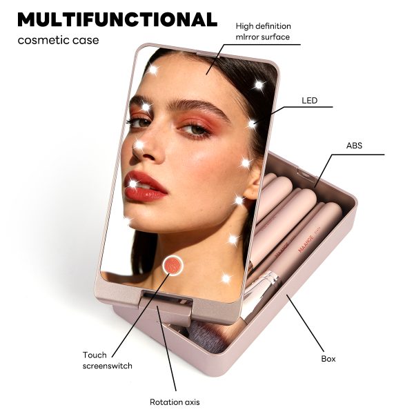 MAANGE Professional 7pcs Makeup Brush Set LED Mirror Storage Box Eyeshadow Foundation Blush Loose Powder Facial Makeup Brush Set