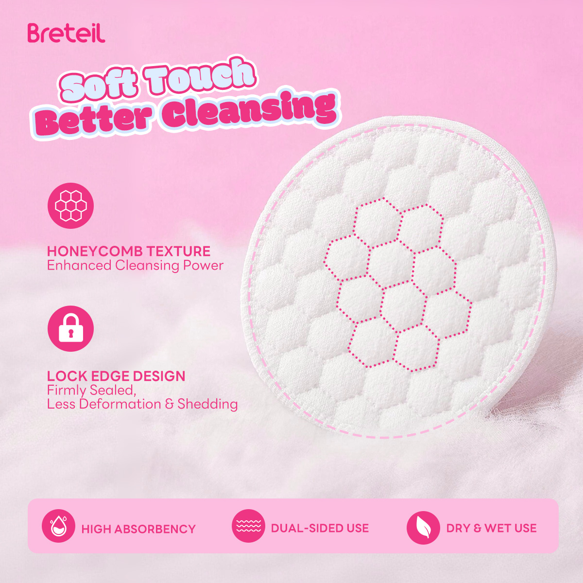Breteil Wholesale Makeup Remover Pads Wet Compress Pads Cosmetic Pads 2-in-1 Makeup Remover and Skincare Pads - 图片 3