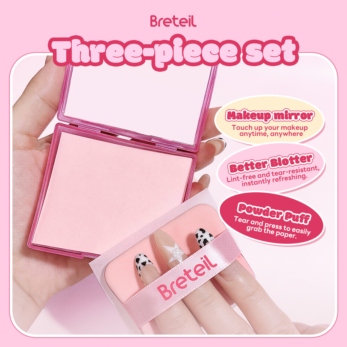 Breteil New Arrival Wholesale  Long-lasting Oil Control Prevent Makeup Smudging Portable Face Mirror case Oil-absorbing Paper - 图片 7