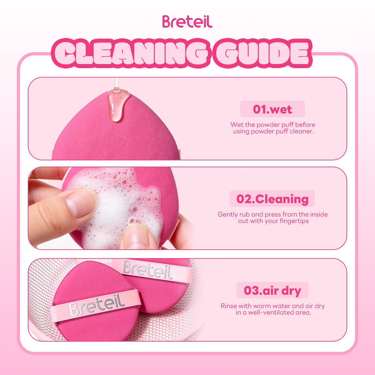 Breteil Wholesale  9PCS Powder Puff Loose Sponge Washable Soft Cotton Puff Teardrop-shaped 9PCS Double-sided Powder Puff - 图片 9