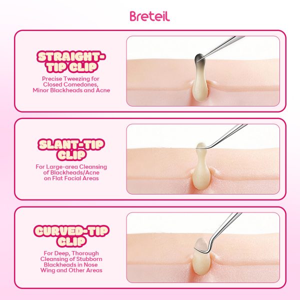 Breteil 3-Piece Ultra-fine Cell Pimples Blackhead Clip Tweezers Beauty Salon Special Scraping Artifact Acne Needle Tool