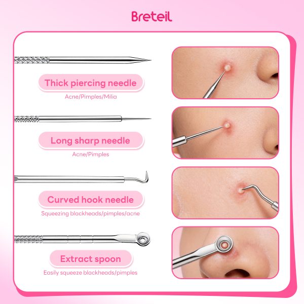 Breteil Wholesale  4-Piece Stainless Steel Facial Acne & Blackhead Removal Kit Wholesale 4pcs Acne Extraction Tools Case