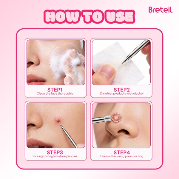 Breteil Wholesale  4-Piece Stainless Steel Facial Acne & Blackhead Removal Kit Wholesale 4pcs Acne Extraction Tools Case