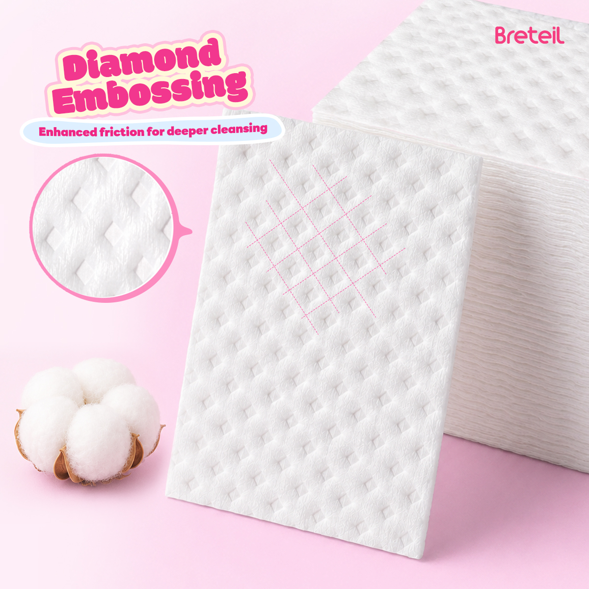 Breteil Wholesale Double-Sided Diamond-Shaped Cotton Pads Extra Large Thick Soft Skin-Friendly Suitable for Wet Compresses - 图片 2