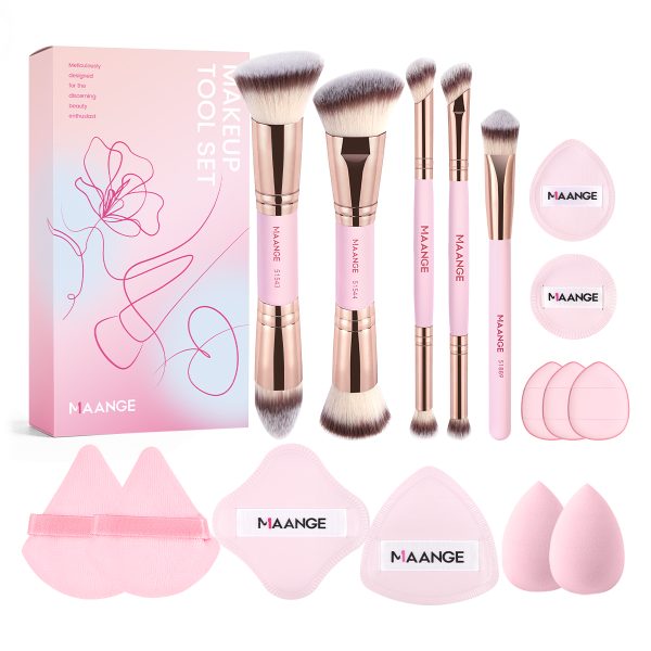 MAANGE 5PCS Double Ended Makeup Brushes 11PCS Powder Puffs Multi-Functional Customizable OEM & ODM Facial Makeup Brush Set