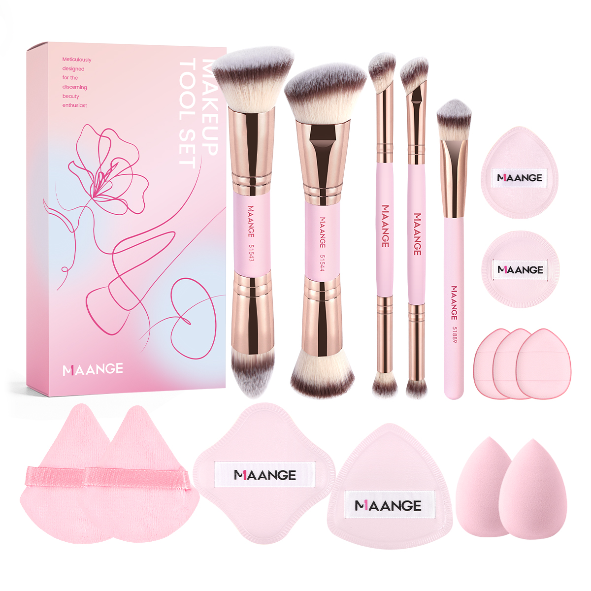 MAANGE 5PCS Double Ended Makeup Brushes 11PCS Powder Puffs Multi-Functional Customizable OEM & ODM Facial Makeup Brush Set - 图片 1