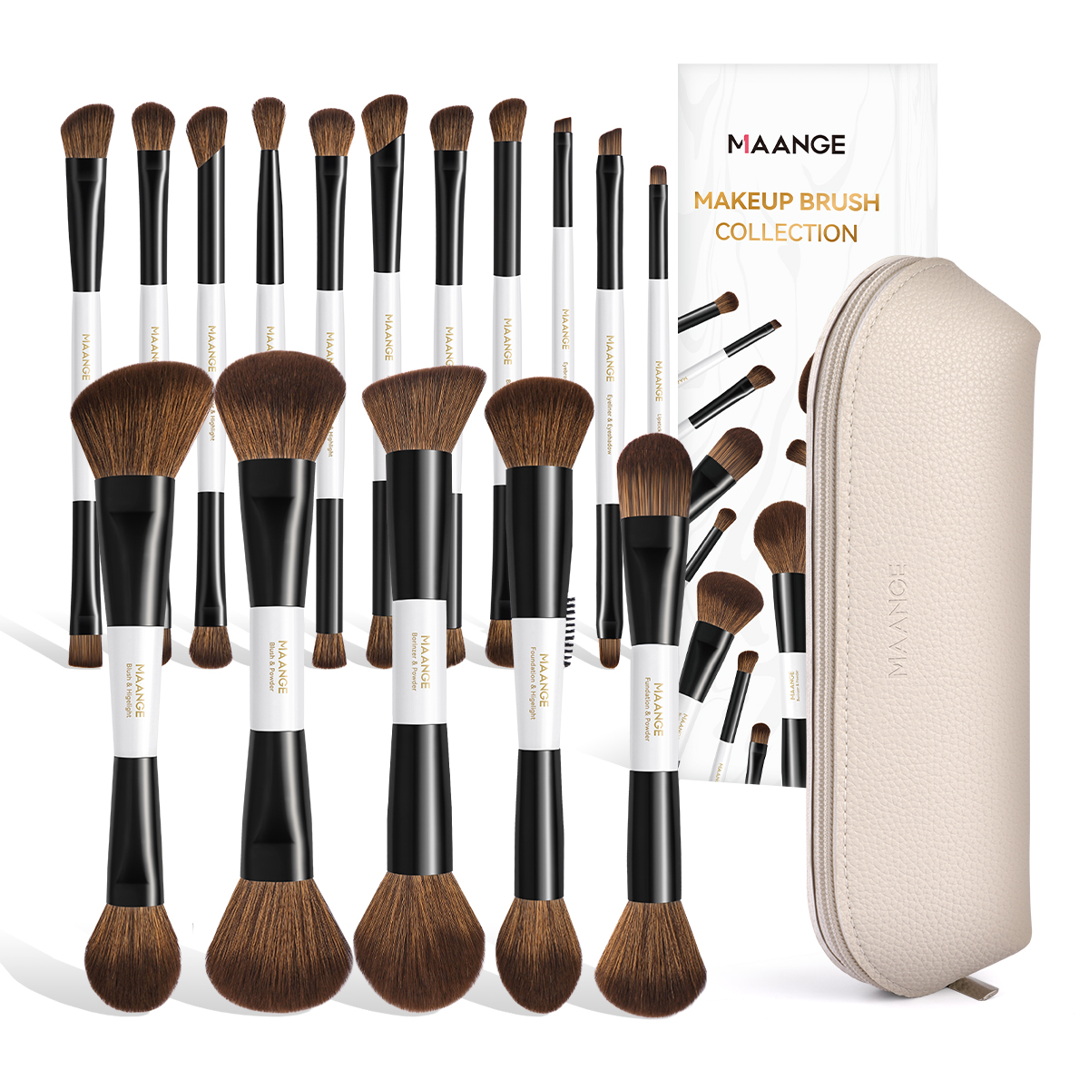 MAANGE Professional Wholesale 16pcs Double-ended Brush Eye Shadow Loose Powder Foundation Liquid Private Label Makeup Brush Set - 图片 1