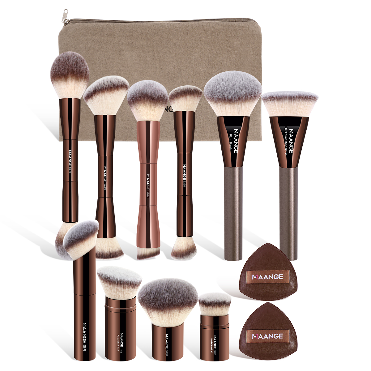 MAANGE Wholesale 10pcs Makeup Brush 2 Powder Puff High Quality Brown Private Label Travel  Professional  Makeup Brush Kit - 图片 1