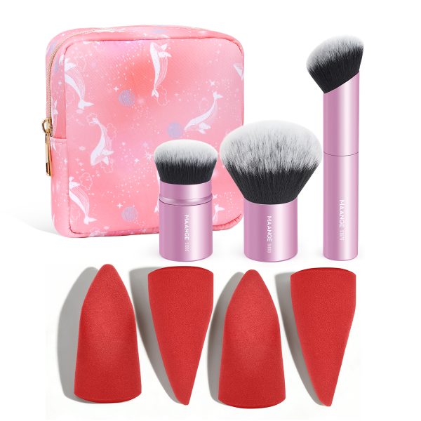 MAANGE Custom Logo OEM&ODM 3pcs  Brush Foundation Blush Loose Powder Brush  4pcs Powder Puff Wholesale Facial Makeup Brush Set