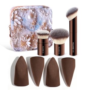 MAANGE 3pcs Makeup Foundation Blush Loose Powder Brush Angled Concealer Brush 4pcs Puff  Custom logo Facial Makeup Brush Set