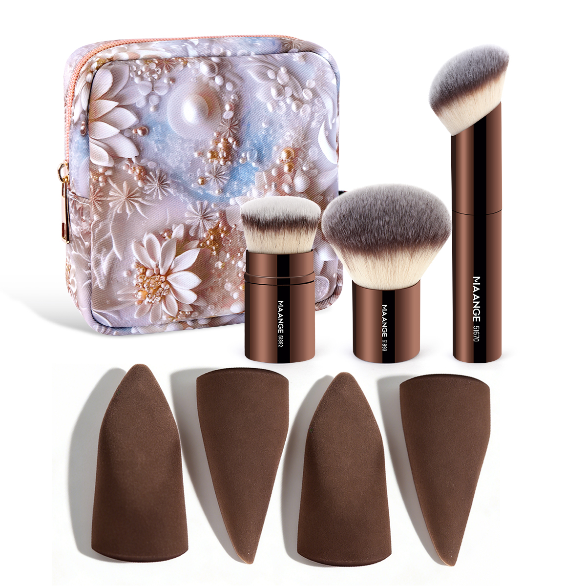 MAANGE 3pcs Makeup Foundation Blush Loose Powder Brush Angled Concealer Brush 4pcs Puff  Custom logo Facial Makeup Brush Set - 图片 1
