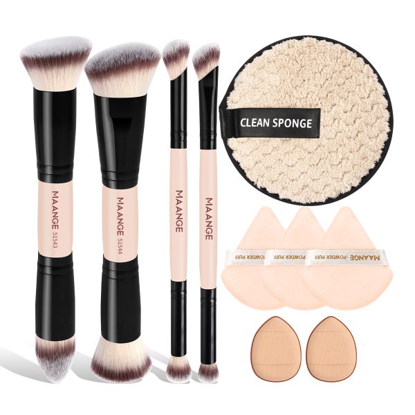 MAANGE Wholesale 4pcs Double Ended Foundation Makeup Brush 6pcs Powder Puff Private Label Professional Makeup Brush Set