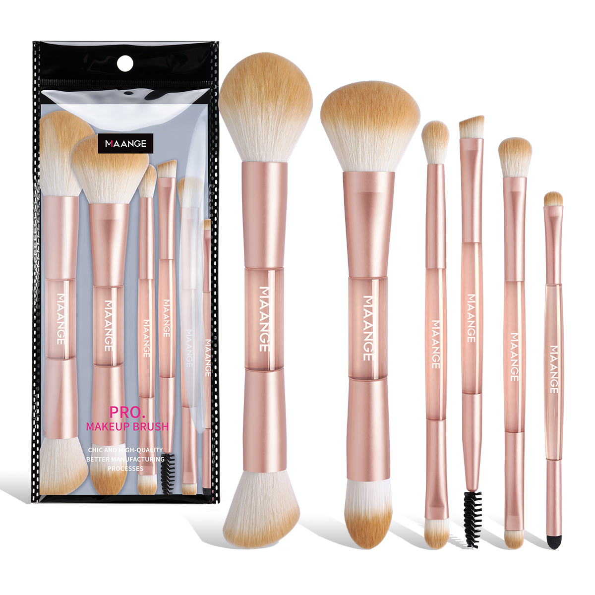 MAANGE Custom OEM&ODM 6PCS Double-ended Makeup Brush Foundation Liquid Blush Highlighter Eyeshadow Professional Makeup Brush Set - 图片 1
