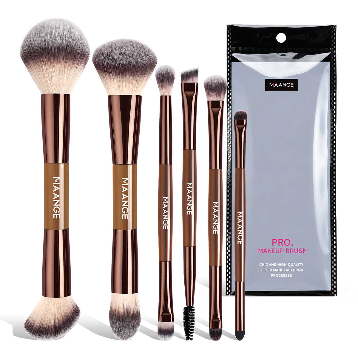 MAANGE Private Label Custom OEM&ODM 6PCS Double-ended Makeup Brush Foundation Concealer Eye Shadow Brush Facial Makeup Brush Set - 图片 1