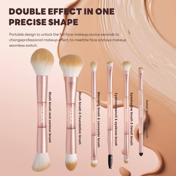 MAANGE Custom OEM&ODM 6PCS Double-ended Makeup Brush Foundation Liquid Blush Highlighter Eyeshadow Professional Makeup Brush Set
