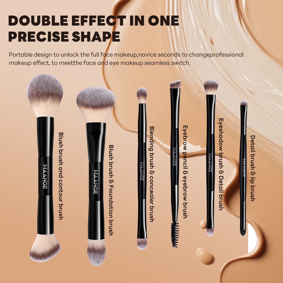 MAANGE Custom OEM&ODM 6PCS Double-ended Makeup Brushes Foundation  Concealer  Eye Shadow Brush Facial Makeup Brush Set - 图片 6