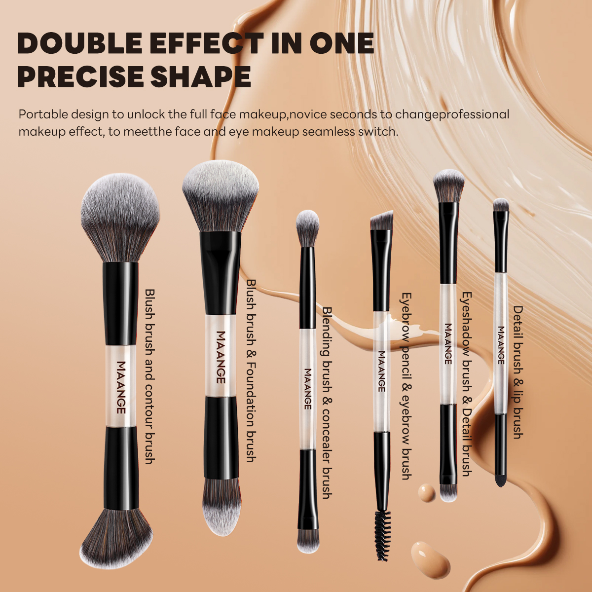 MAANGE Custom LOGO OEM&ODM 6PCS Double-ended Makeup Brushes Foundation  Concealer  Eye Shadow Professional Makeup Brush Set - 图片 4