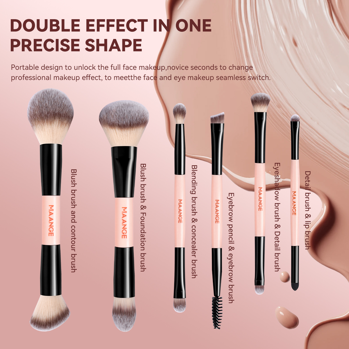 MAANGE Custom OEM&ODM 6PCS Double-ended Makeup Brushes Foundation Concealer Blush Eyeshadow Facial Makeup Brush Set - 图片 5